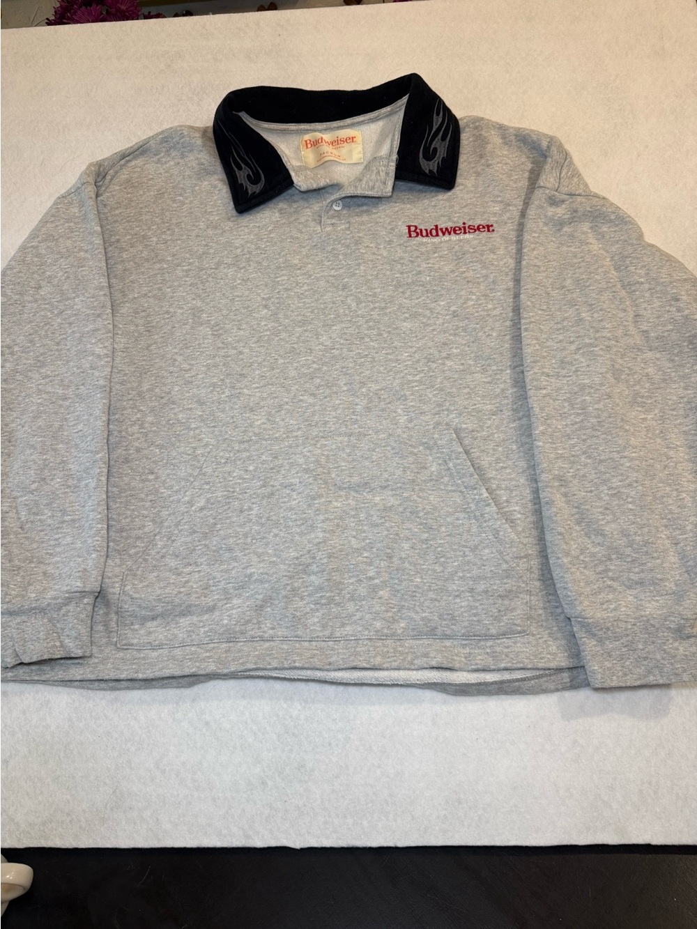 Budweiser Light Gray V-Neck Pullover with Black Collar and Red Logo